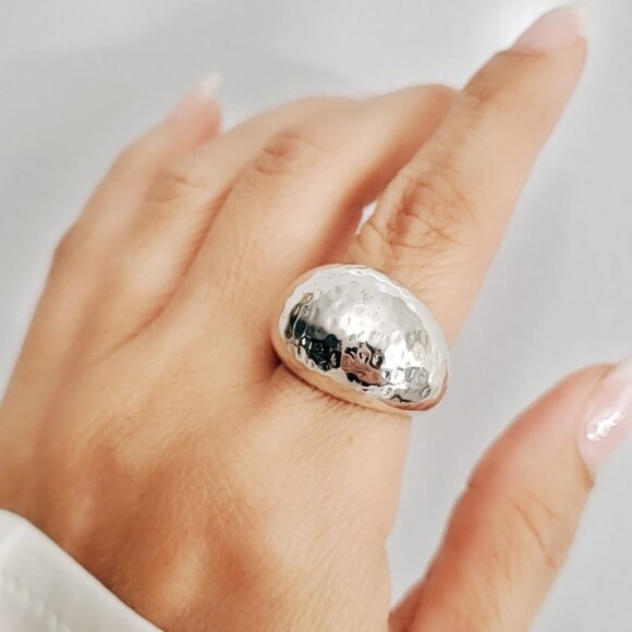 Sterling Silver Round Hammered Electroform Dome Ring 925 Silver - Picture 6 of 9
